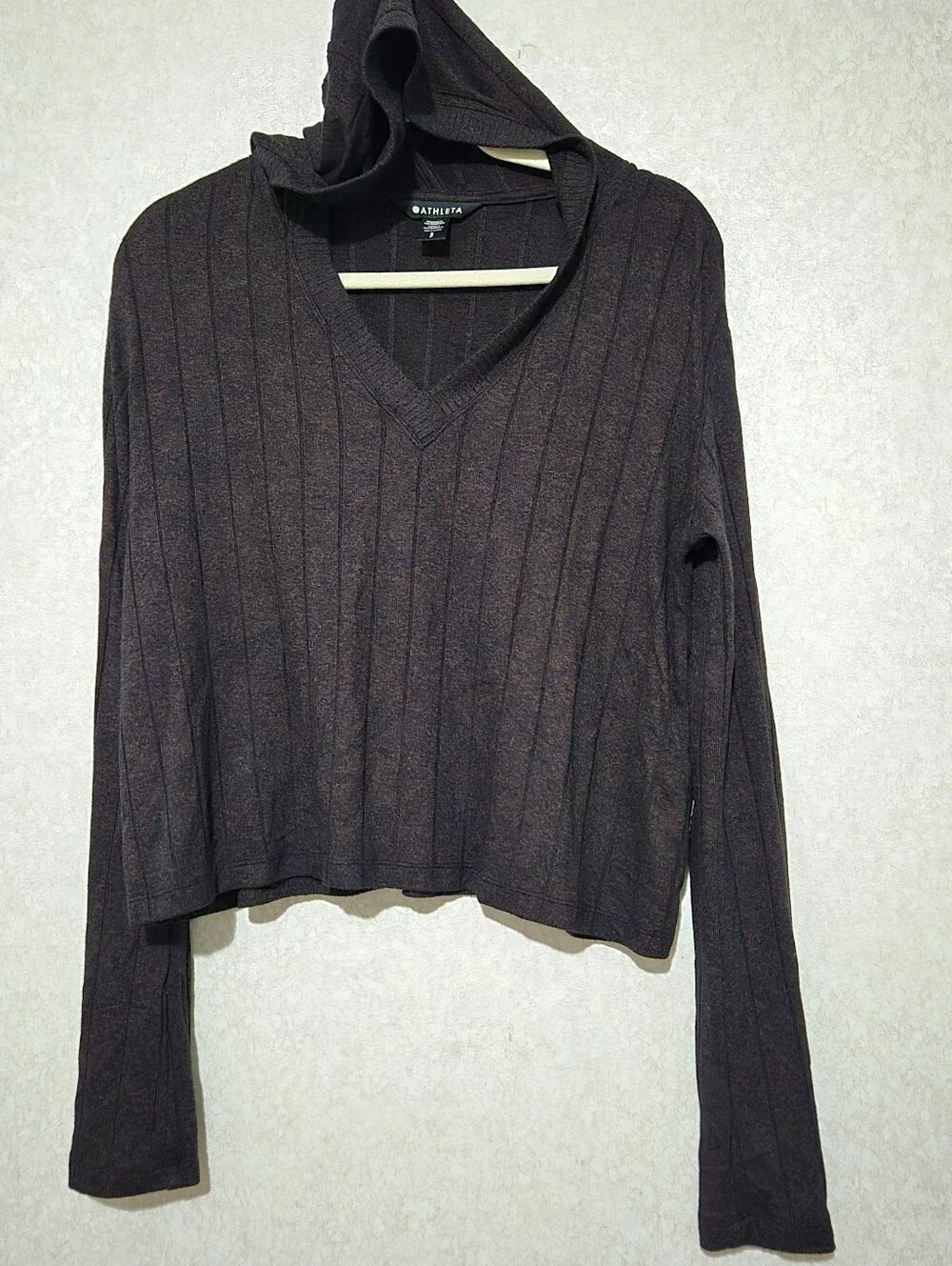 Athleta Brown Ribbed V-Neck Hoodie Top-harmony Pose-Size-S